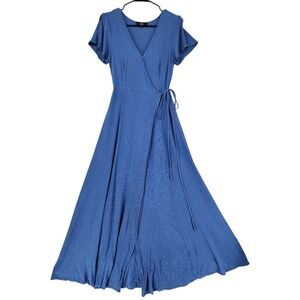 Lulus Maxi Wrap Dress M Blue Flutter Sleeve V-Neck Boho Wedding Guest Beachy